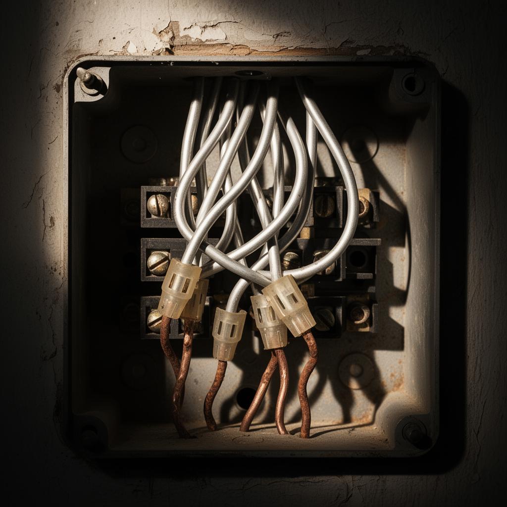 1970s electrical junction box opened revealing silver aluminum wires with old twist connectors