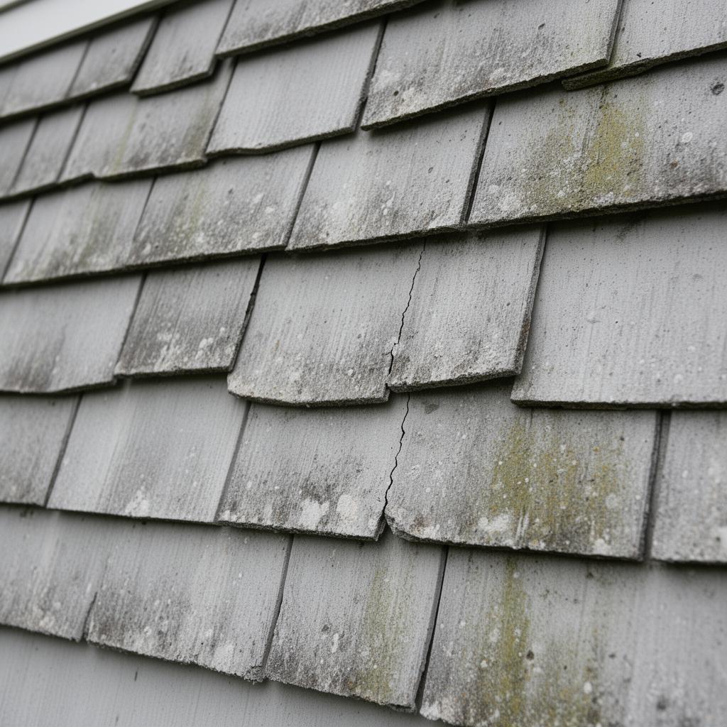 Original grey asbestos cement lap siding on a 1950s Canadian home exterior with weathered texture and hairline cracks
