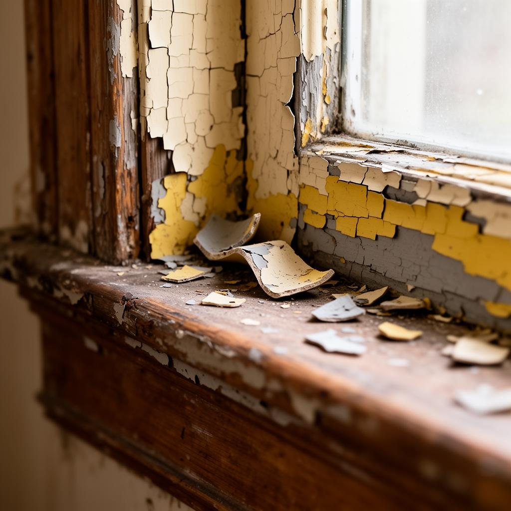 Peeling and alligatoring layers of old lead paint on a vintage wooden window sill