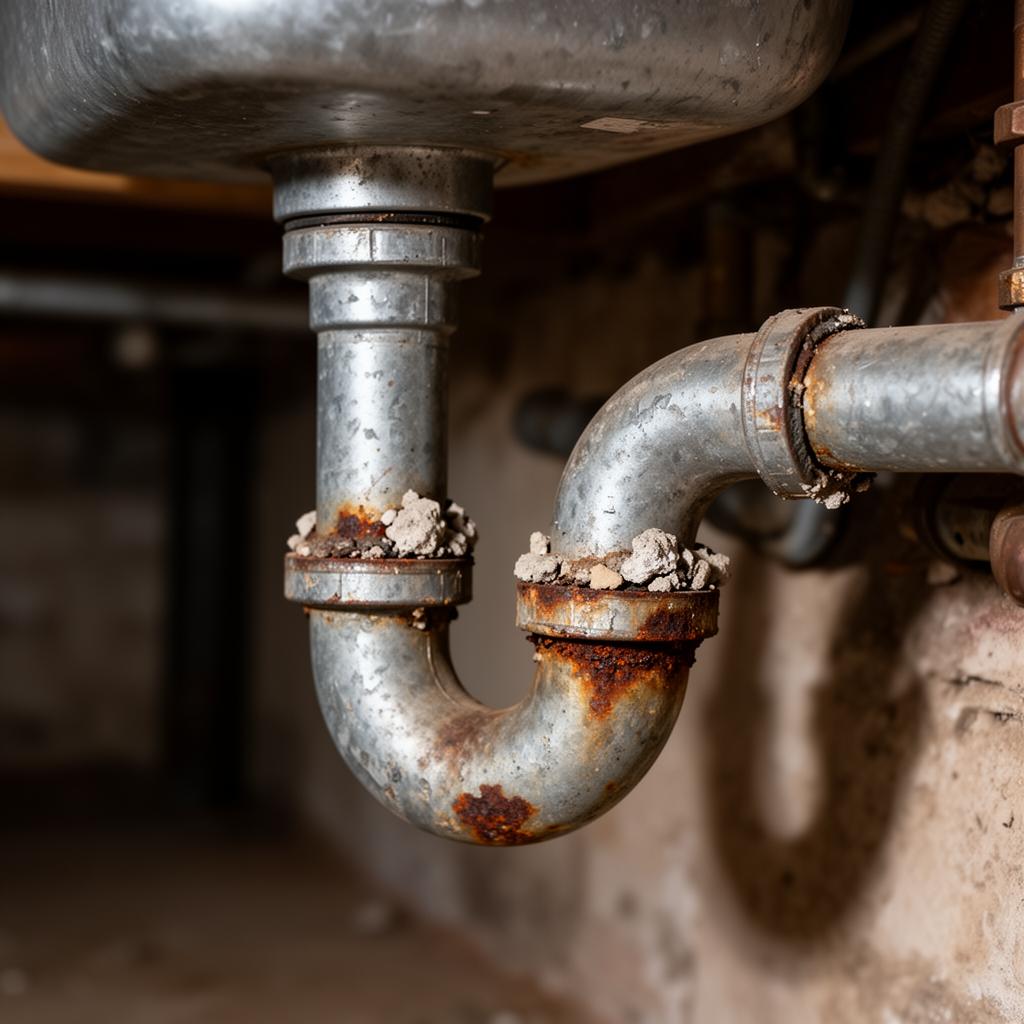 Corroded galvanized steel pipes under a sink showing rust and mineral deposits