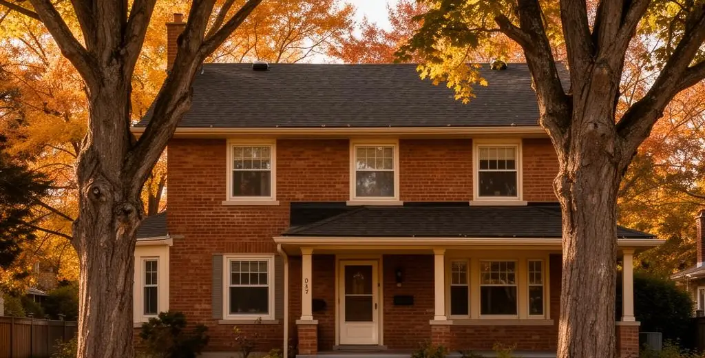 Classic Canadian brick home built in the 1950s surrounded by autumn trees